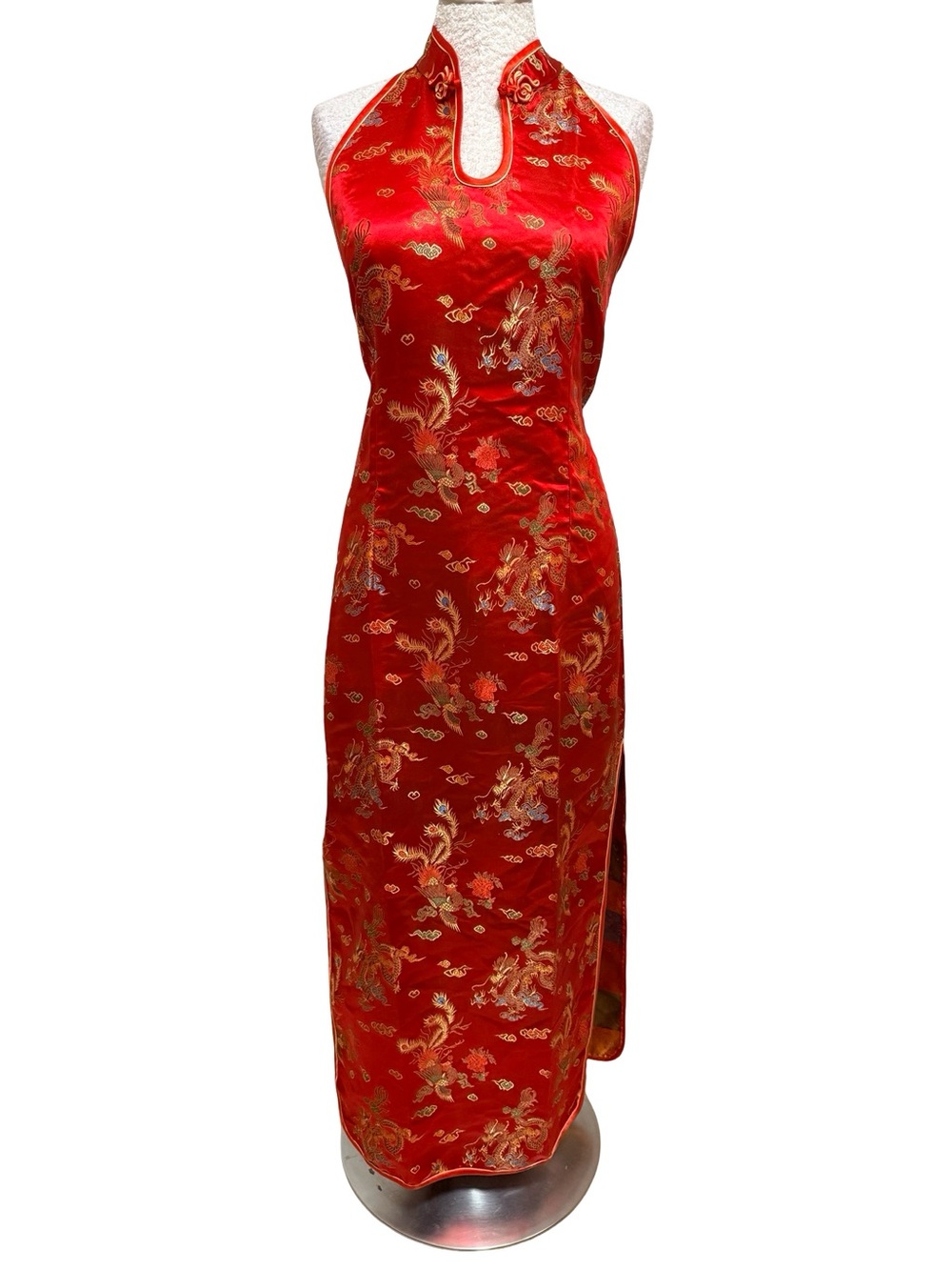 Vintage Red Brocade Halter Cheongsam Maxi Dress with Gold Embroidery